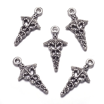 Tibetan Style Alloy Pendants, Caduceus Symbol for Medicine, Cadmium Free & Nickel Free & Lead Free, Antique Silver, 23x12x3mm, Hole: 2mm, about 1000pcs/1000g