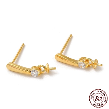 925 Sterling Silver Micro Pave Cubic Zirconia Stud Earring Findings, for Half Drilled Beads, Real 18K Gold Plated, 14x3mm, Pin: 0.9mm and 10.5x0.9mm