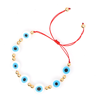 Evil Eye Handmade Lampwork Braided Bead Bracelets for Women, Adjustable Golden Tone Beads Bracelets, Deep Sky Blue, 11 inch(28cm)