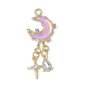 Alloy Glass Pendants, Moon with Star, Golden, Orchid, 36x34.5x4mm, Hole: 1.8mm