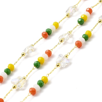 Handmade Eco-friendly Brass Cable Chain, with Glass & CCB Plastic Butterfly & Round Beaded, Long-Lasting Plated, Golden, Soldered, with Spool, Colorful, 6x8x5mm