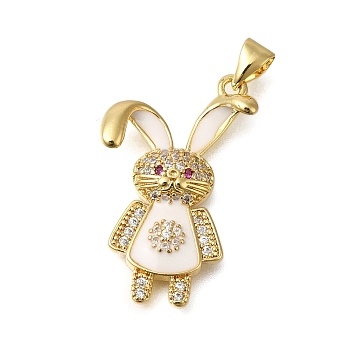 Rack Plating Brass Micro Pave Cubic Zirconia Pendants, with Enamel, Long-Lasting Plated, Lead Free & Cadmium Free, Animals Charms, with Jump Ring, Rabbit, 27x16.5x4mm, Hole: 4x3mm