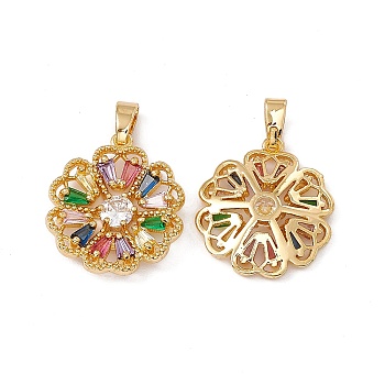 Brass Pendants, with Colorful Glass, Flower, Real 18K Gold Plated, 18.5x16x3.3mm, Hole: 2x4mm