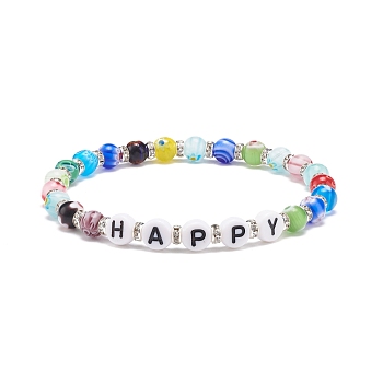 Word Happy Bracelet, Colorful Millefiori Glass & Acrylic Letter Beaded Stretch Bracelet for Women, Letter Pattern, Inner Diameter: 2-1/8 inch(5.5cm)