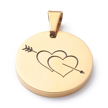 Ion Plating(IP) 304 Stainless Steel Pendants, with Enamel, Polishing, Flat Round with Heart, Golden, 25x3mm, Hole: 7.5x5mm