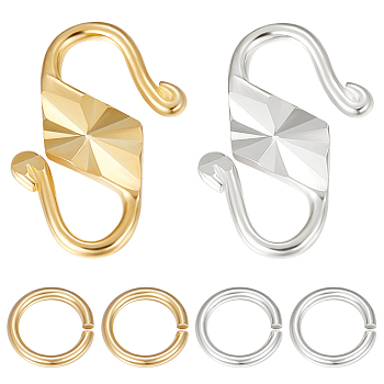 4Pcs 2 Color 925 Sterling Silver S-Hook Clasps, with 8Pcs Open Jump Rings, Golden & Silver, 11.5x7.5~8x1mm, 2Pcs/color