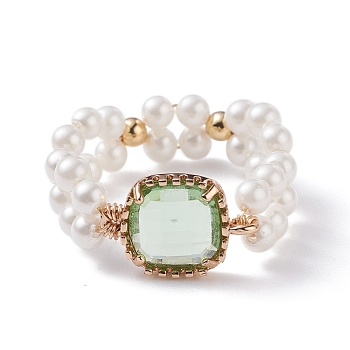 Bling Square Glass Finger Ring, Vintage Shell Pearl Beads Braided Ring for Girl Women, Golden, Light Green, US Size 9(18.9mm)
