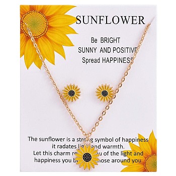 Enamel Sunflower Pendant Necklace and Stud Earrings, Alloy Jewelry Set for Women, Golden, 17.72 inch(45cm), 13mm, Pin: 1mm