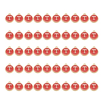 Golden Plated Alloy Charms, with Enamel, Enamelled Sequins, Flat Round, Red, Letter.T, 14x12x2mm, Hole: 1.5mm, 50pcs/Box