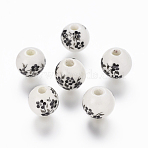 Floral Printed Porcelain Beads, Flower Patterned Ceramic Beads, Round, Black, 10mm, Hole: 3mm(PORC-Q201-10mm-5)