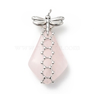 Natural Rose Quartz Pendants, Teardrop Charm, with Stainless Steel Color Plated 304 Stainless Steel Dragonfly Findings, 35~40x18~20x8~10mm, Hole: 3mm(G-G870-01P)