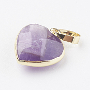 Natural Amethyst Pendants, with Brass Findings, Faceted, Heart, Golden, 14~15x12~12.5x4.5~5.5mm, Hole: 4x6mm(G-G737-14G-G)