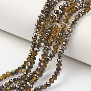 Electroplate Transparent Glass Beads Strands, Half Black Plated, Faceted, Rondelle, Dark Goldenrod, 6x5mm, Hole: 1mm, about 85~88pcs/strand, 16.1~16.5 inch(41~42cm)(EGLA-A034-T6mm-P09)