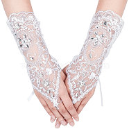 Flower Parttern Polyester Gloves, with Rhinestone, for Wedding Bride Supplies, White, 260x93x4mm, Inner Diameter: 30x15mm, 2pcs/pair(AJEW-WH0248-20)