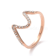 Crystal Rhinestone Wave Finger Ring, Ion Plating(IP) 304 Stainless Steel Jewelry for Women, Rose Gold, US Size 7(17.3mm)(RJEW-D120-21B-RG)