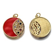 Brass Micro Pave Colorful Cubic Zirconia Pendants, Long-Lasting Plated, with Jump Rings & Enamel, Flat Round with Moon & Star, Real 18K Gold Plated, Red, 24x22x2.5mm, Hole: 3.2mm(ZIRC-B0003-07G-C)