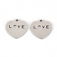 Valentine's Day 201 Stainless Steel Pendants, Laser Cut, Heart with Word Love, Stainless Steel Color, 14x15x1mm, Hole: 1.4mm(STAS-Q238-022)