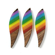 Pride Rainbow Theme Resin & Walnut Wood Pendants, Leaf, 53x11.5x3.5mm, Hole: 1.6mm(WOOD-K012-12D)