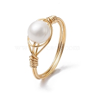 Natural Pearl Round Braided Bead Style Rings, Brass Finger Ring, Golden, US Size 8 (18.1mm)(RJEW-JR00608)