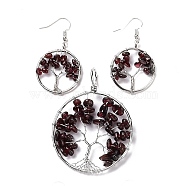 Brass Jewelry Sets, Big Pendants and Dangle Earrings, with Natural Garnet, Platinum, Ring with Tree of Life, 63~67x49~51x1.5~10mm, Hole: 4x5mm, 50~55x28~30x1.5~8mm, Pin: 0.8mm(SJEW-K072-20T)