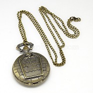 Alloy Flat Round Pendant Necklace Pocket Watch, with Iron Chains and Lobster Claw Clasps, Quartz Watch, Antique Bronze, 31.5 inch, Watch Head: 58x46x15mm(WACH-N012-07)