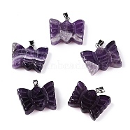 Natural Amethyst Carved Butterfly Pendants, Insect Charms with Platinum Plated Metal Snap on Bails, 19~20x24~25.5x6.5~7mm, clasp: 6.5x3x3.5~4mm(G-N342-01D)