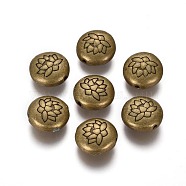 Tibetan Style Alloy Beads, Flat Round with Lotus, Cadmium Free & Nickel Free & Lead Free, Antique Bronze, 14x6.5mm, Hole: 1mm(X-TIBEB-Q067-08AB-NR)