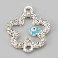 Alloy Rhinestone Links Connectors, Cadmium Free & Lead Free, Flower with Evil Eye, Sky Blue, Silver Color Plated, 21.5x17x2mm, Hole: 1.5mm(X-ALRI-S170-05S)
