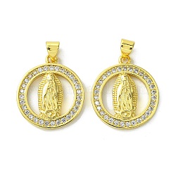 Brass Micro Pave Cubic Zirconia Pendants, Real 18K Gold Plated, Flat Round, 22.5x19.5x2.5mm, Hole: 4x3mm(KK-H472-53F-G)