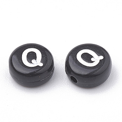 Opaque Acrylic Beads, Horizontal Hole, Alphabet Style, Flat Round, Letter.Q, 7x4mm, Hole: 1.5mm, about 3700pcs/500g(SACR-N002-02Q)