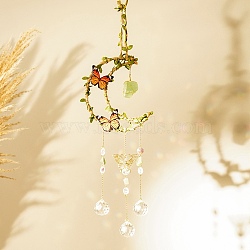 Natural Green Aventurine Hanging Suncatcher Pendant Decoration, Moon with Butterfly Crystal Ceiling Chandelier Ball Prism Pendants, 450~480mm(DJEW-PW0008-18D)