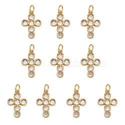 10Pcs Rack Plating Brass Micro Pave Clear Cubic Zirconia Pendants, with Jump Rings, Long-Lasting Plated, Cadmium Free & Lead Free, Cross, Real 18K Gold Plated, 16.5x11x2.5mm, Hole: 3.2mm(ZIRC-SZ0004-15)