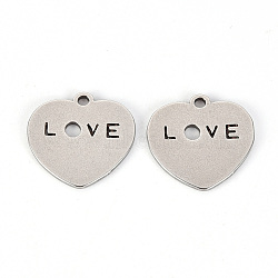 Valentine's Day 201 Stainless Steel Pendants, Laser Cut, Heart with Word Love, Stainless Steel Color, 14x15x1mm, Hole: 1.4mm(STAS-Q238-022)