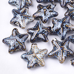 Handmade Porcelain Beads, Fancy Antique Glazed Porcelain, Starfish/Sea Stars, Colorful, 35~36x37~38x15~17mm, Hole: 2~3mm(PORC-S498-33B)