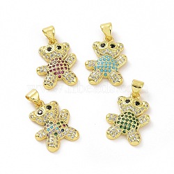 Brass Micro Pave Clear Cubic Zirconia Pendants, Bear, Mixed Color, 19x14x3mm, Hole: 3.5x5mm(ZIRC-F135-28G)