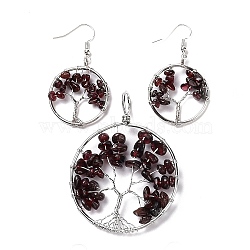 Brass Jewelry Sets, Big Pendants and Dangle Earrings, with Natural Garnet, Platinum, Ring with Tree of Life, 63~67x49~51x1.5~10mm, Hole: 4x5mm, 50~55x28~30x1.5~8mm, Pin: 0.8mm(SJEW-K072-20T)