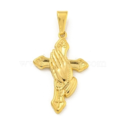 Ion Plating(IP) 304 Stainless Steel Pendants, Cross with Praying Hands Charm, Golden, 38x24x4mm, Hole: 9.5x5mm(STAS-R231-15G)