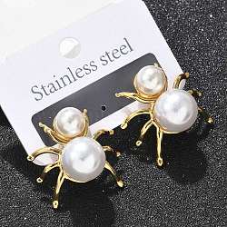 304 Stainless Steel & ABS Plastic Imitation Pearl Spider Stud Earrings, Ion Plating(IP), White, Golden, 23x25.5mm(EJEW-S253-20G)