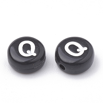 Opaque Acrylic Beads, Horizontal Hole, Alphabet Style, Flat Round, Letter.Q, 7x4mm, Hole: 1.5mm, about 3700pcs/500g