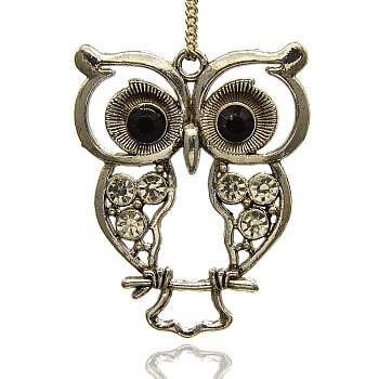 Antique Silver Alloy Rhinestone Owl Large Pendants, Crystal, 55x45x3mm, Hole: 3.5mm