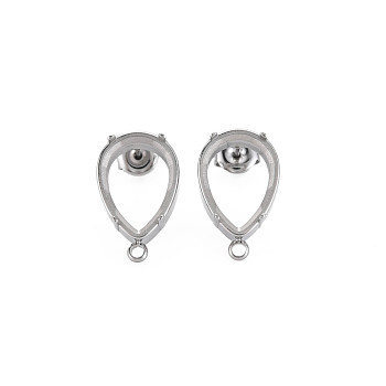 304 Stainless Steel Stud Earring Findings, Earring Setting for Rhinestone, with Ear Nuts and Loop, Teardrop, Stainless Steel Color, 19x12mm, Hole: 1.8mm, Pin: 0.7mm, Tray: 10x14mm
