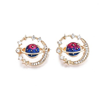 Planet Enamel Pin, Alloy Brooch with Crystal Rhinestone for Backpack Clothes, Nickel Free & Lead Free, Light Golden, Medium Blue, 22x23mm