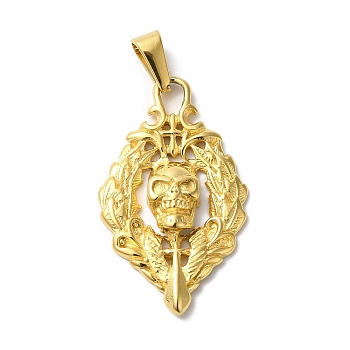 PVD Vacuum Plating 304 Stainless Steel Pendants, Skull Charm, Golden, 34.5x20.5x4mm, Hole: 3.5x7mm