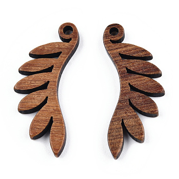 Natural Walnut Wood Pendants, Undyed, Leaf Charm, Camel, 30x12.5x2.5mm, Hole: 1.8mm