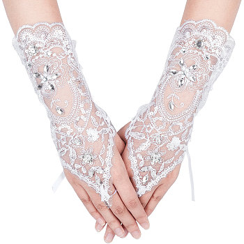 Flower Parttern Polyester Gloves, with Rhinestone, for Wedding Bride Supplies, White, 260x93x4mm, Inner Diameter: 30x15mm, 2pcs/pair