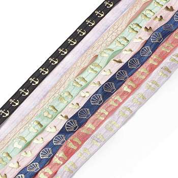 Polyester Elastic Printed Ribbon, Hot Stamping Ribbon, Footprint & Shell & Anchor Pattern, Mixed Color, Mixed Patterns, 5/8 inch(15mm), 1 yard/pc