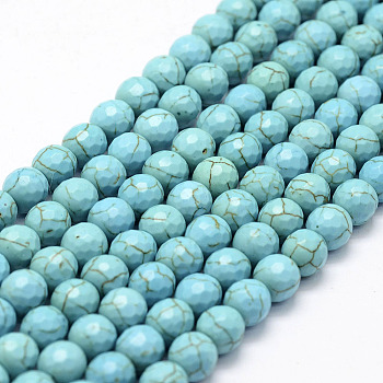 Faceted Synthetical Turquoise Beads Strands, Round, Dyed, Sky Blue, 8mm, Hole: 1.2mm, about 48~49pcs/strand, 14.5 inch.