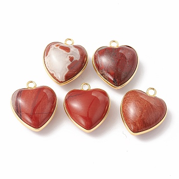 Natural Red Jasper Pendants, with Golden Plated Brass Findings, Heart Charms, 18~19x15~17x7~10mm, Hole: 2mm