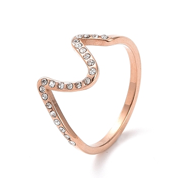 Crystal Rhinestone Wave Finger Ring, Ion Plating(IP) 304 Stainless Steel Jewelry for Women, Rose Gold, US Size 7(17.3mm)