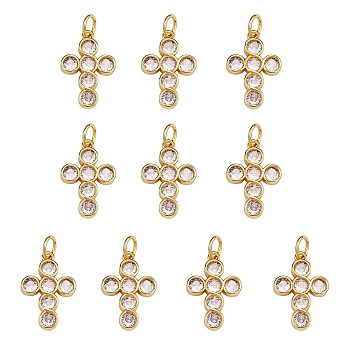 10Pcs Rack Plating Brass Micro Pave Clear Cubic Zirconia Pendants, with Jump Rings, Long-Lasting Plated, Cadmium Free & Lead Free, Cross, Real 18K Gold Plated, 16.5x11x2.5mm, Hole: 3.2mm